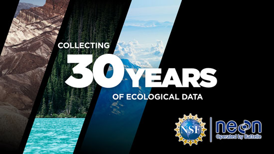 National Ecological Observatory Network Logo and 30 Years Photos of Air, Water and Land with National Ecological Observatory Network Logo