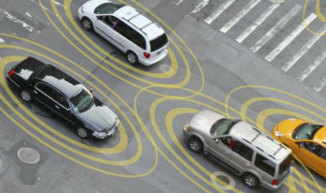 graphic representative of connected vehicles on a city street