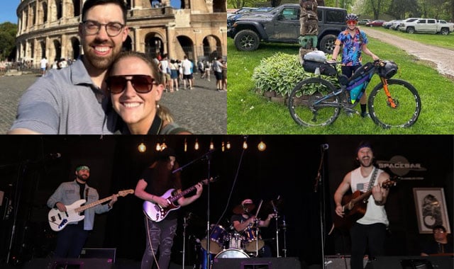 alt = battelle employees taylor skinner, jen malik, matthew and sam colachis demonstrating how they spend their fridays off due to the Battelle 9/80 schedule 9/80