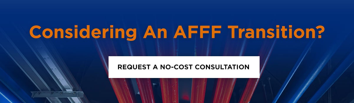 Image: Fire suppression system containing AFFF with overlaid text and button