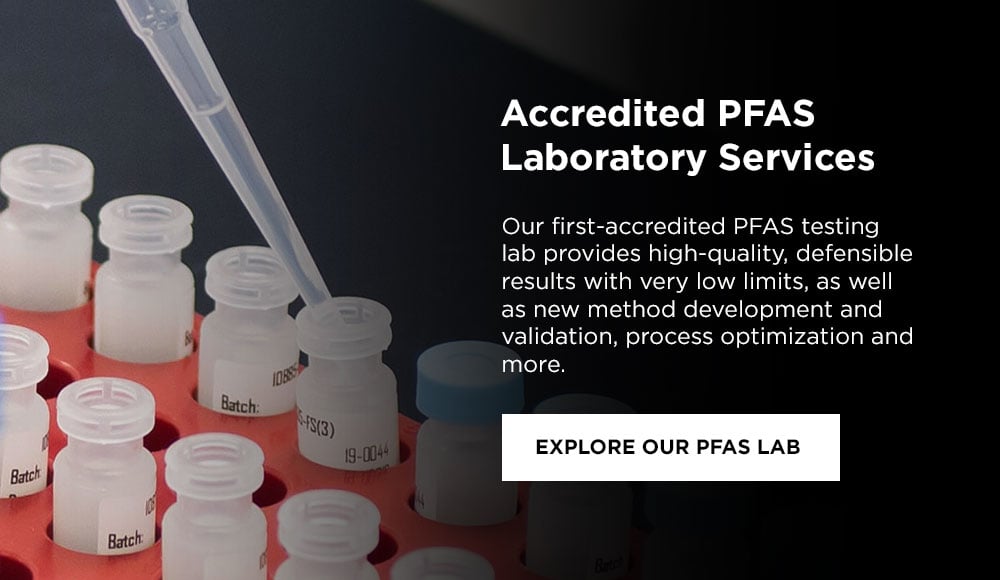 Image: Analytical PFAS lab equipment with overlaid text