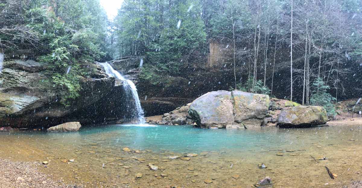 Hocking Hills near Central Ohio Photo: Waterfall in Hocking Hills during a winter snowfall